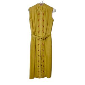 Vintage 1950s/60s Carlye Yellow Linen Dress Rhinestone Buttons Velvet Leaf Sz S